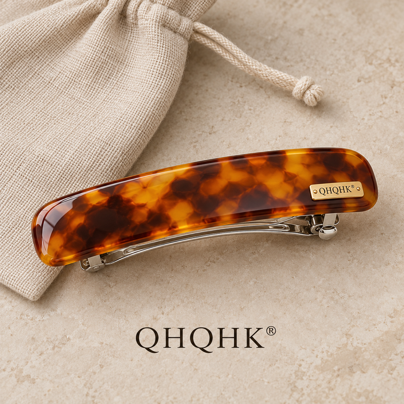 QHQHK® Tortoise Rectangle Hair Clip in Amber - Styled flat lay