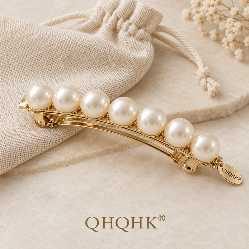 QHQHK® Pearl Arc Hair Clip in Ivory - Styled flat lay