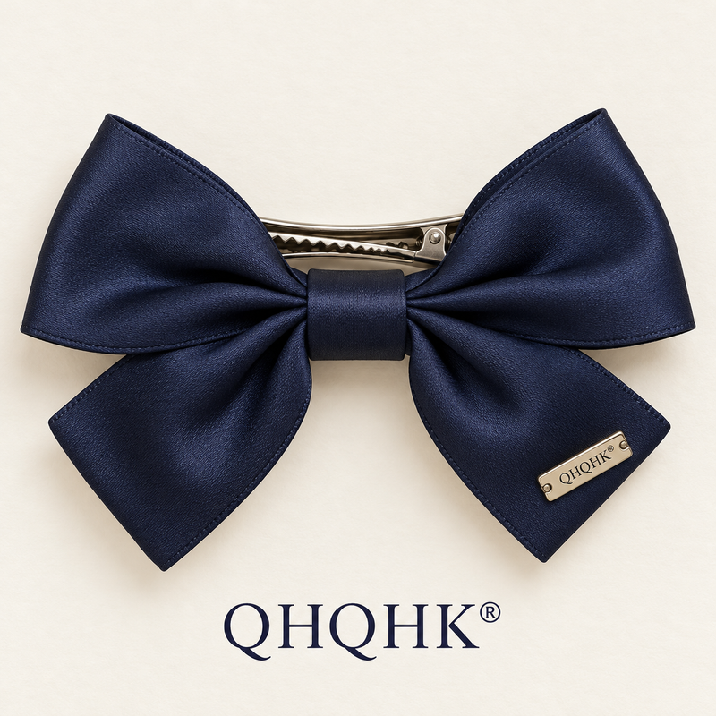 QHQHK® Satin Bow Hair Clip in Navy - Overhead view