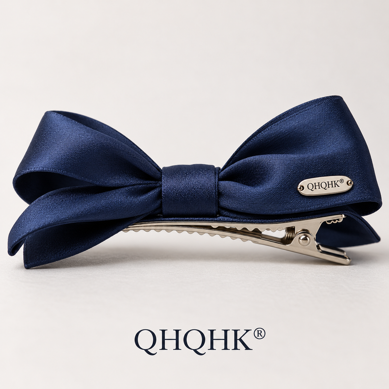 QHQHK® Satin Bow Hair Clip in Navy - Side and closure view