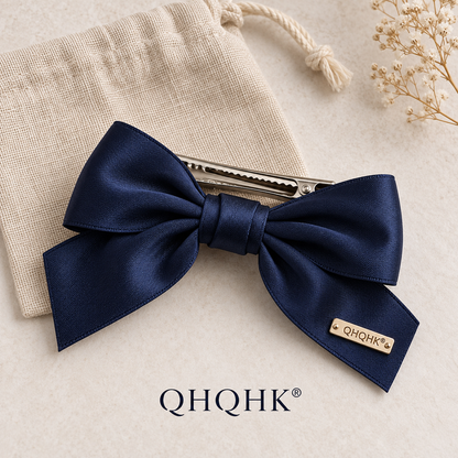 QHQHK® Satin Bow Hair Clip in Navy - Styled flat lay