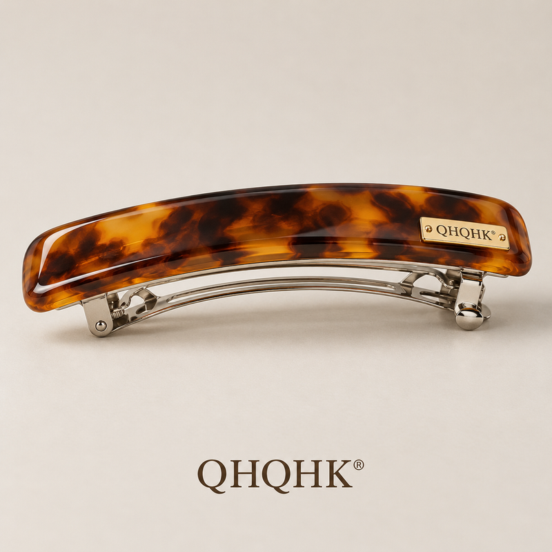 QHQHK® Tortoise Rectangle Hair Clip in Amber - Side and closure view