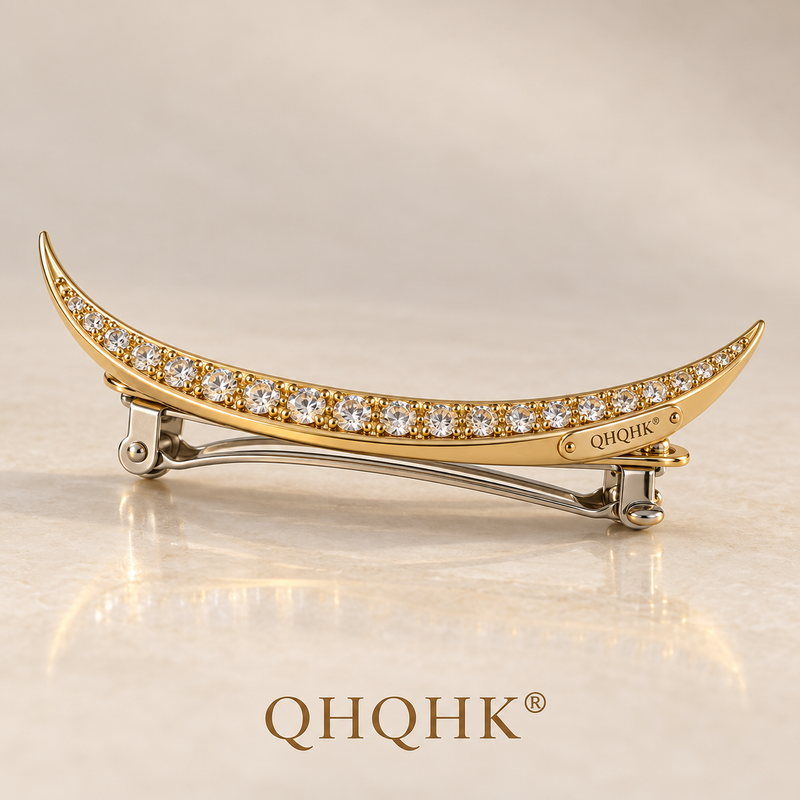 QHQHK® Celestial Crescent Hair Clip in Gold - Side and closure view