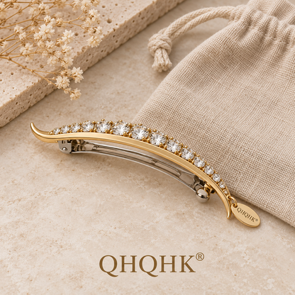 QHQHK® Celestial Crescent Hair Clip in Gold - Styled flat lay
