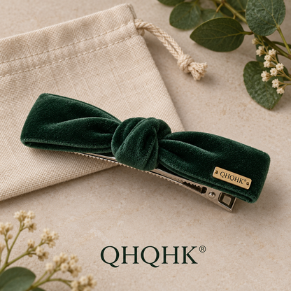 QHQHK® Velvet Knot Hair Clip in Forest - Styled flat lay