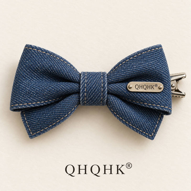 QHQHK® Denim Ribbon Hair Clip in Indigo - Overhead view