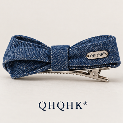 QHQHK® Denim Ribbon Hair Clip in Indigo - Side and closure view