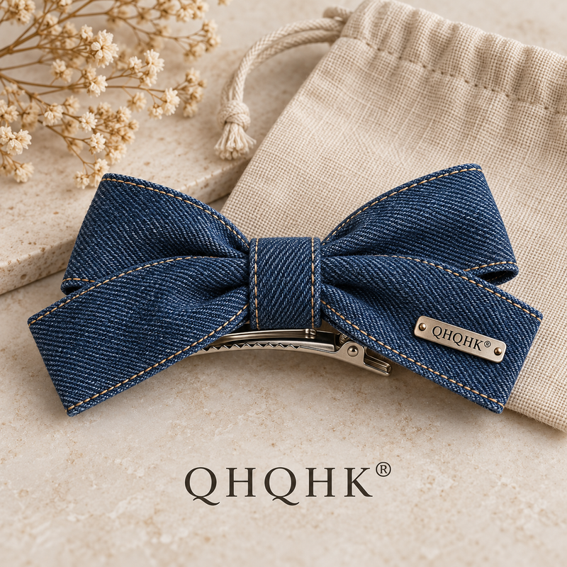 QHQHK® Denim Ribbon Hair Clip in Indigo - Styled flat lay
