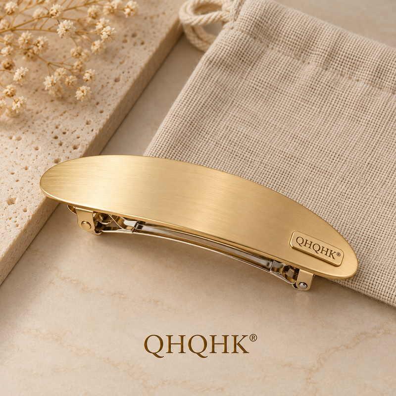 QHQHK® Brushed Oval Hair Clip in Gold - Styled flat lay